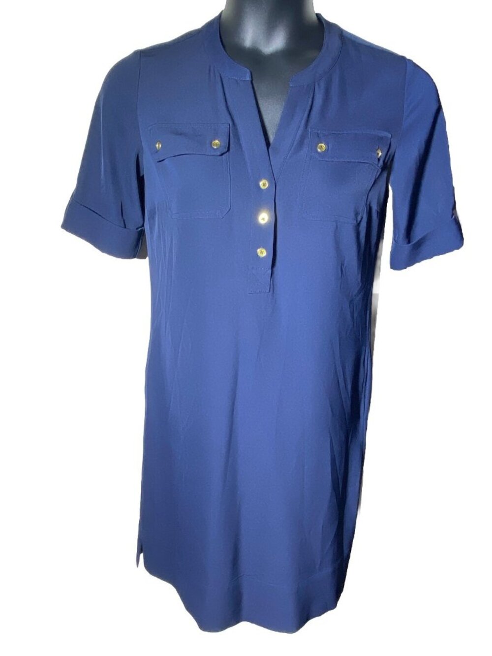 Jones New York Stretch Navy Size 4 Sheath Dress Cuffed Pullover Gold Buttons